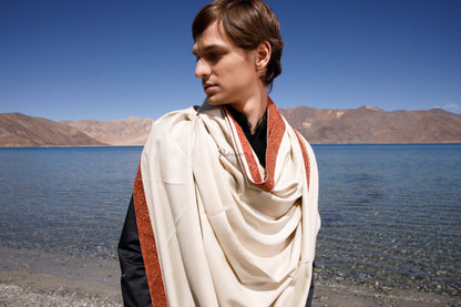 Pashtush India Mens Shawls Gents Shawl Pashtush Mens Fine Wool Shawl, Kashmiri Neemdaur Embroidery Design, Beige