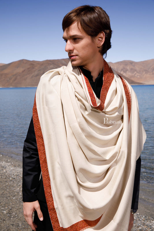 Pashtush India Mens Shawls Gents Shawl Pashtush Mens Fine Wool Shawl, Kashmiri Neemdaur Embroidery Design, Beige