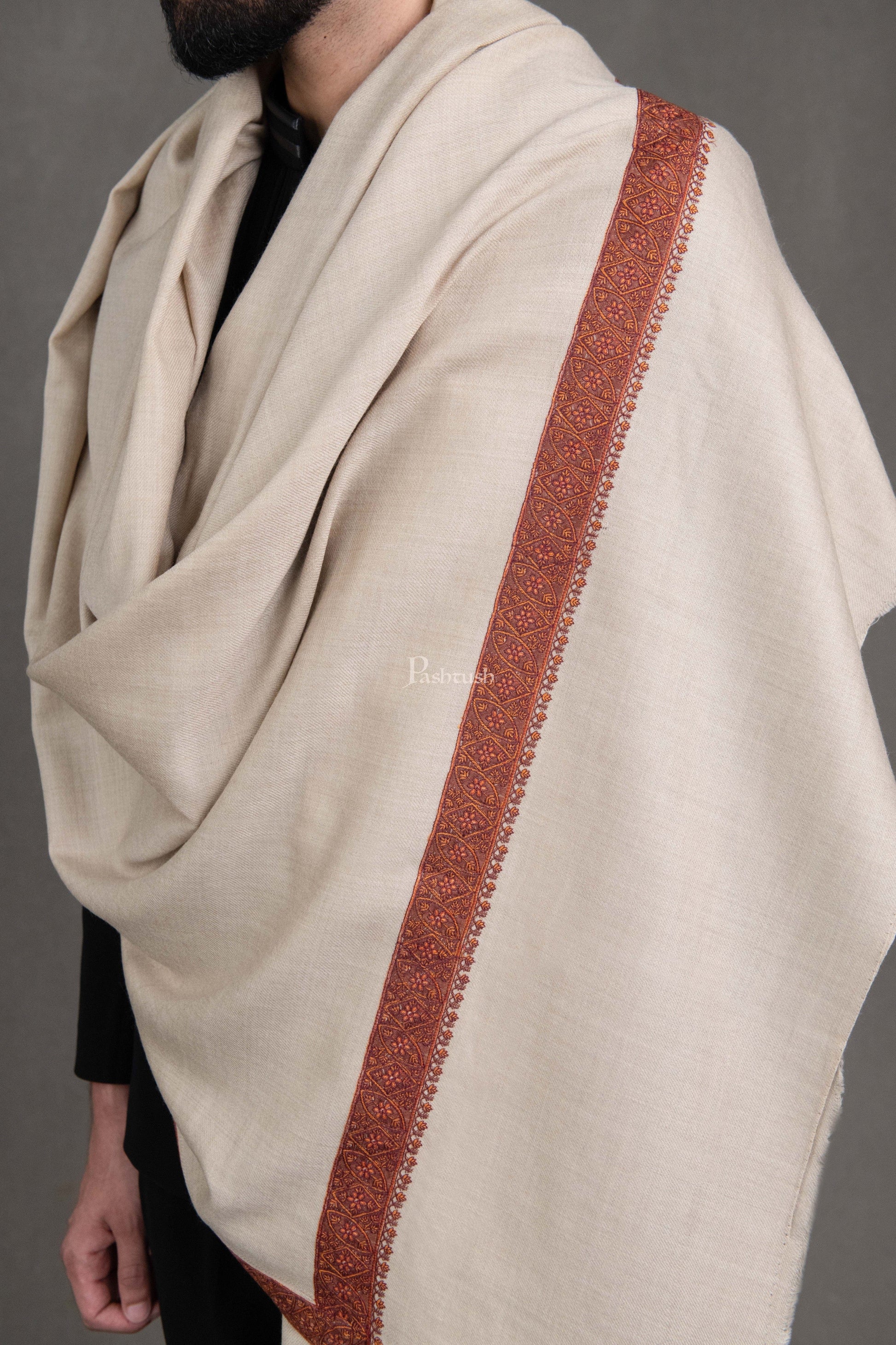 Pashtush India Mens Shawls Gents Shawl Pashtush Mens Fine Wool Shawl, Kashmiri Neemdaur Embroidery Design, Beige