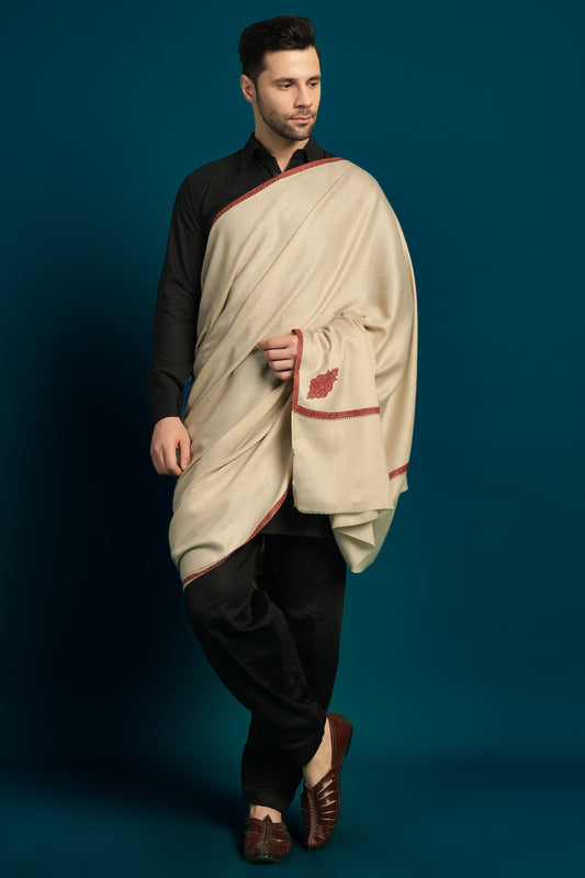 Pashtush India Mens Shawls Gents Shawl Pashtush Mens Fine Wool Shawl, Kingri Design, Beige