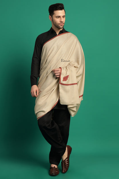 Pashtush India Mens Shawls Gents Shawl Pashtush Mens Fine Wool Shawl, Kingri Design, Beige