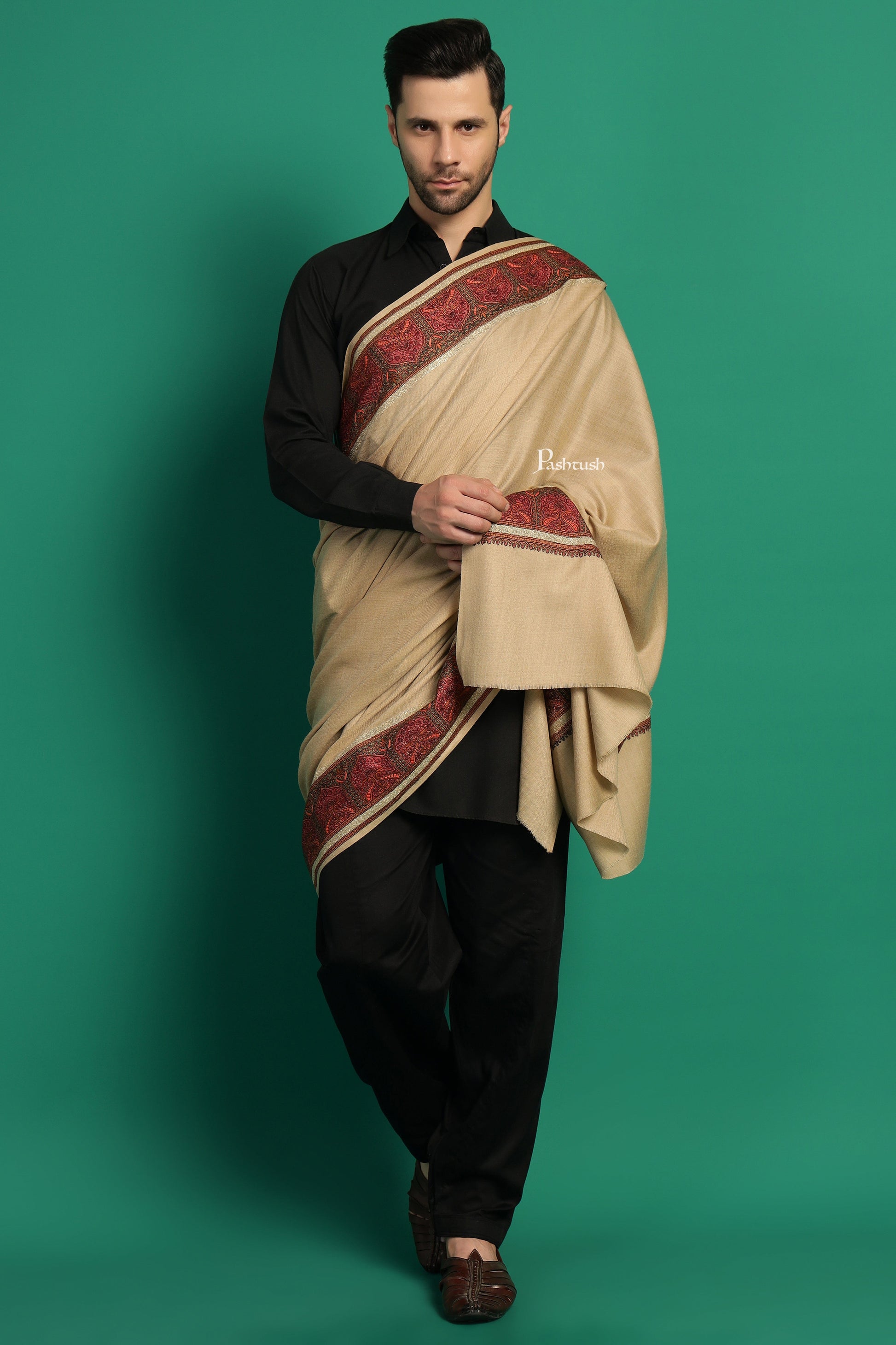 Pashtush India Mens Shawls Gents Shawl Pashtush Mens Fine Wool Shawl, Metallic Border Design, Beige