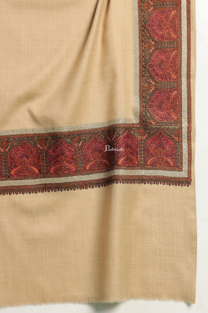 Pashtush India Mens Shawls Gents Shawl Pashtush Mens Fine Wool Shawl, Metallic Border Design, Beige