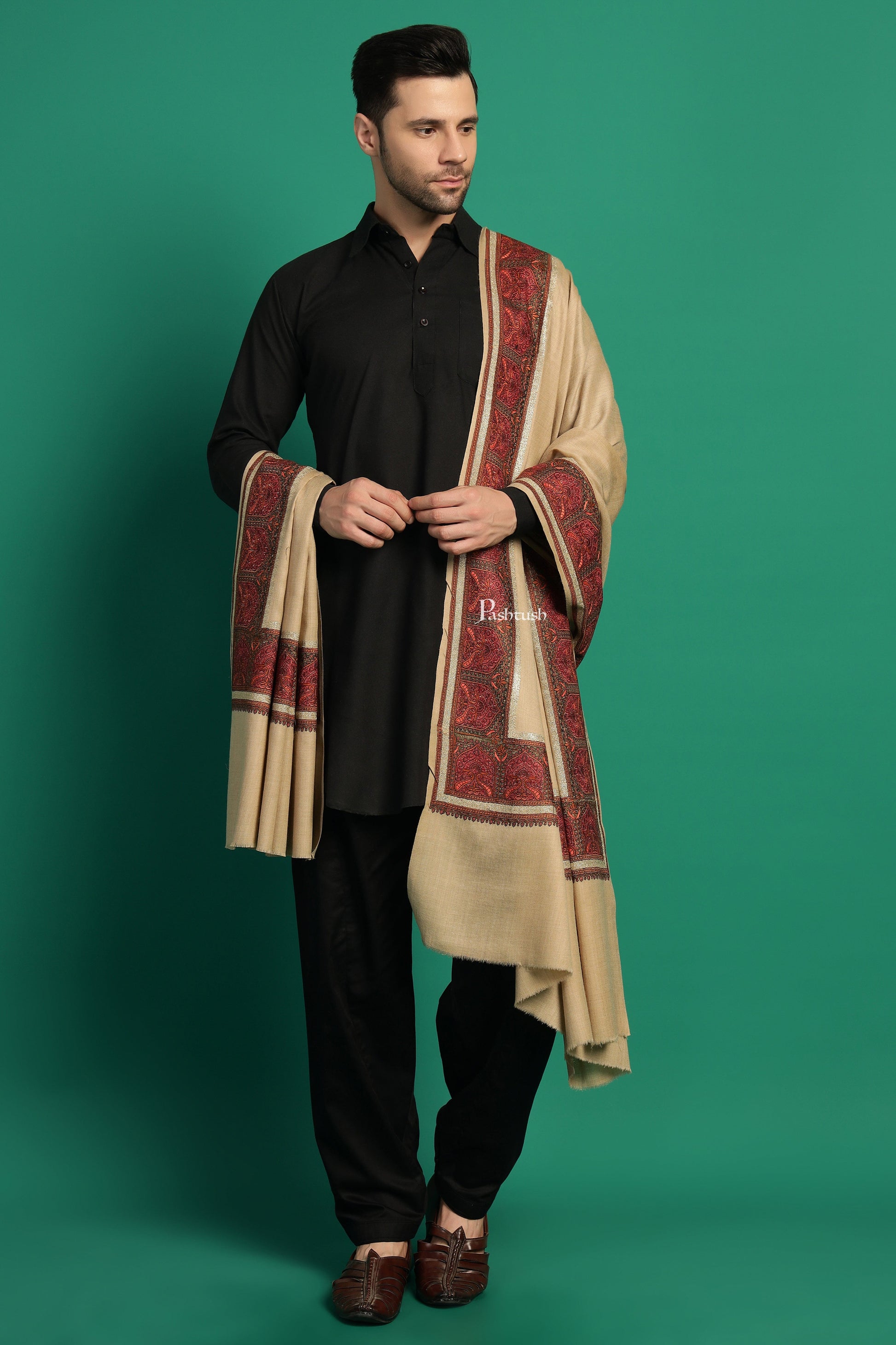 Pashtush India Mens Shawls Gents Shawl Pashtush Mens Fine Wool Shawl, Metallic Border Design, Beige