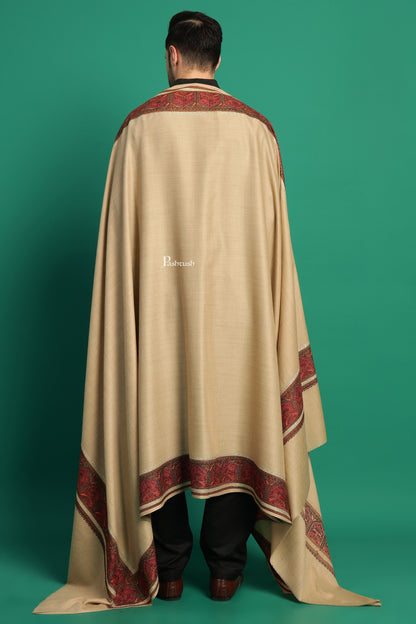Pashtush India Mens Shawls Gents Shawl Pashtush Mens Fine Wool Shawl, Metallic Border Design, Beige