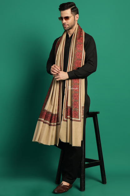 Pashtush India Mens Shawls Gents Shawl Pashtush Mens Fine Wool Shawl, Metallic Border Design, Beige