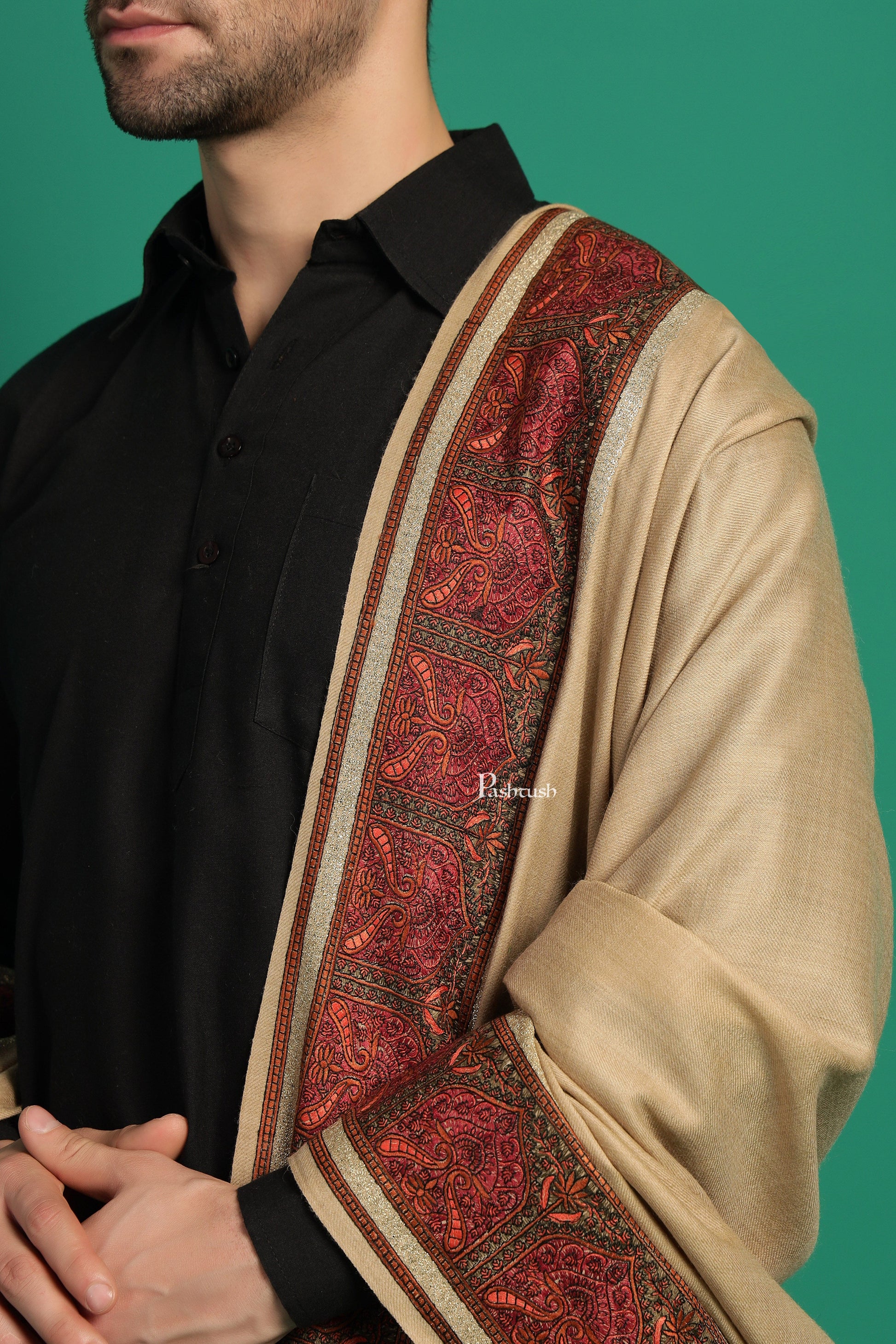 Pashtush India Mens Shawls Gents Shawl Pashtush Mens Fine Wool Shawl, Metallic Border Design, Beige