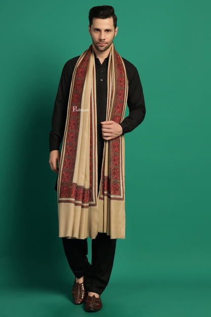 Pashtush India Mens Shawls Gents Shawl Pashtush Mens Fine Wool Shawl, Metallic Border Design, Beige