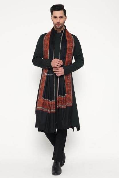 Pashtush India Mens Shawls Gents Shawl Pashtush Mens Fine Wool Shawl, Metallic Border Design, Black