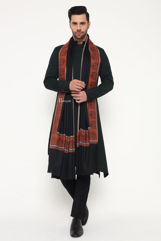 Pashtush India Mens Shawls Gents Shawl Pashtush Mens Fine Wool Shawl, Metallic Border Design, Black