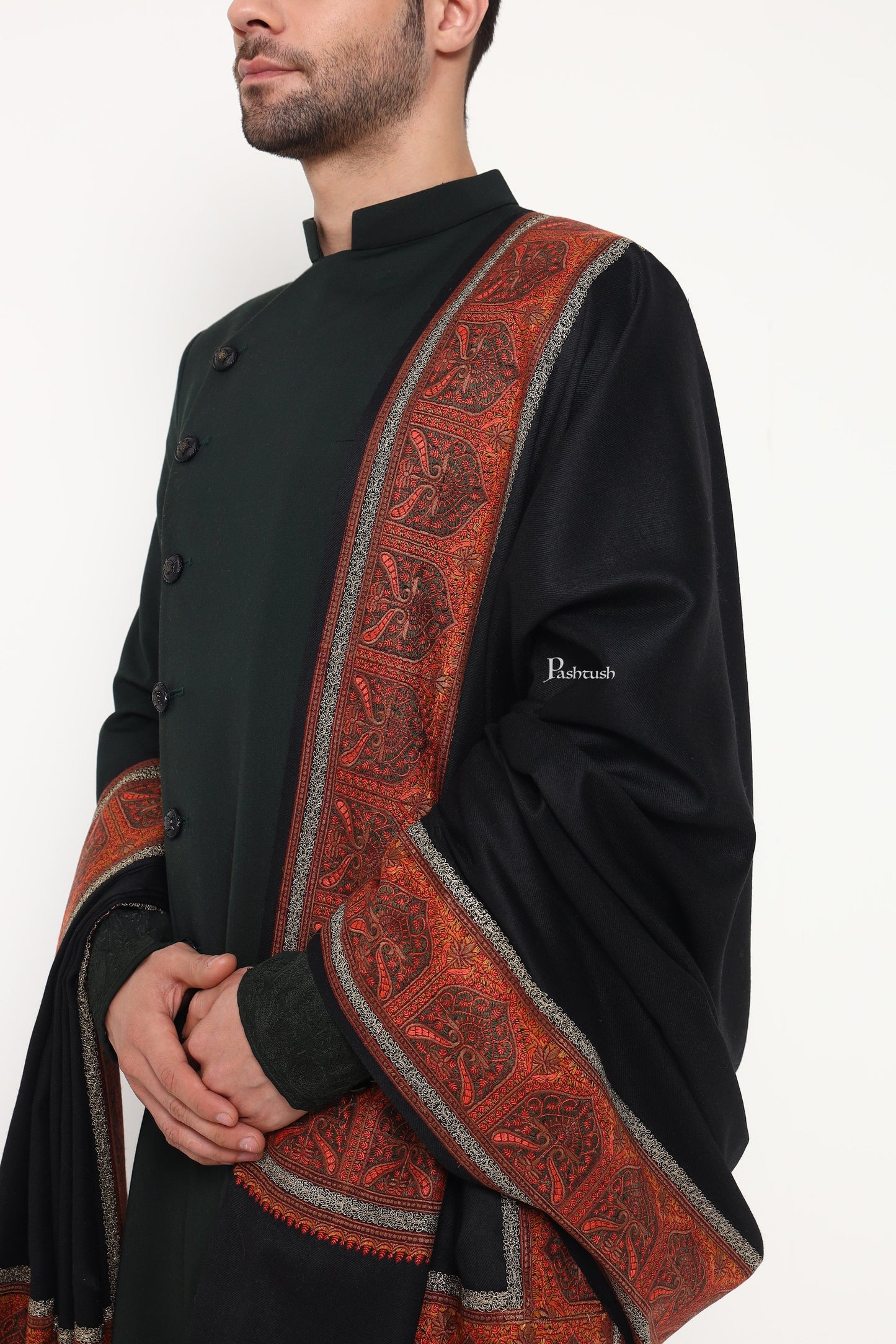 Pashtush India Mens Shawls Gents Shawl Pashtush Mens Fine Wool Shawl, Metallic Border Design, Black
