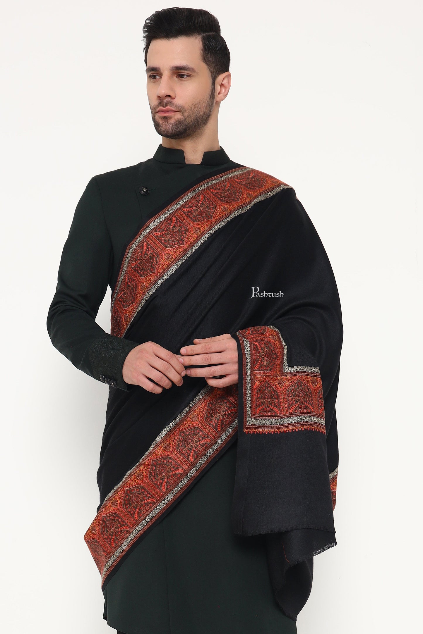 Pashtush India Mens Shawls Gents Shawl Pashtush Mens Fine Wool Shawl, Metallic Border Design, Black