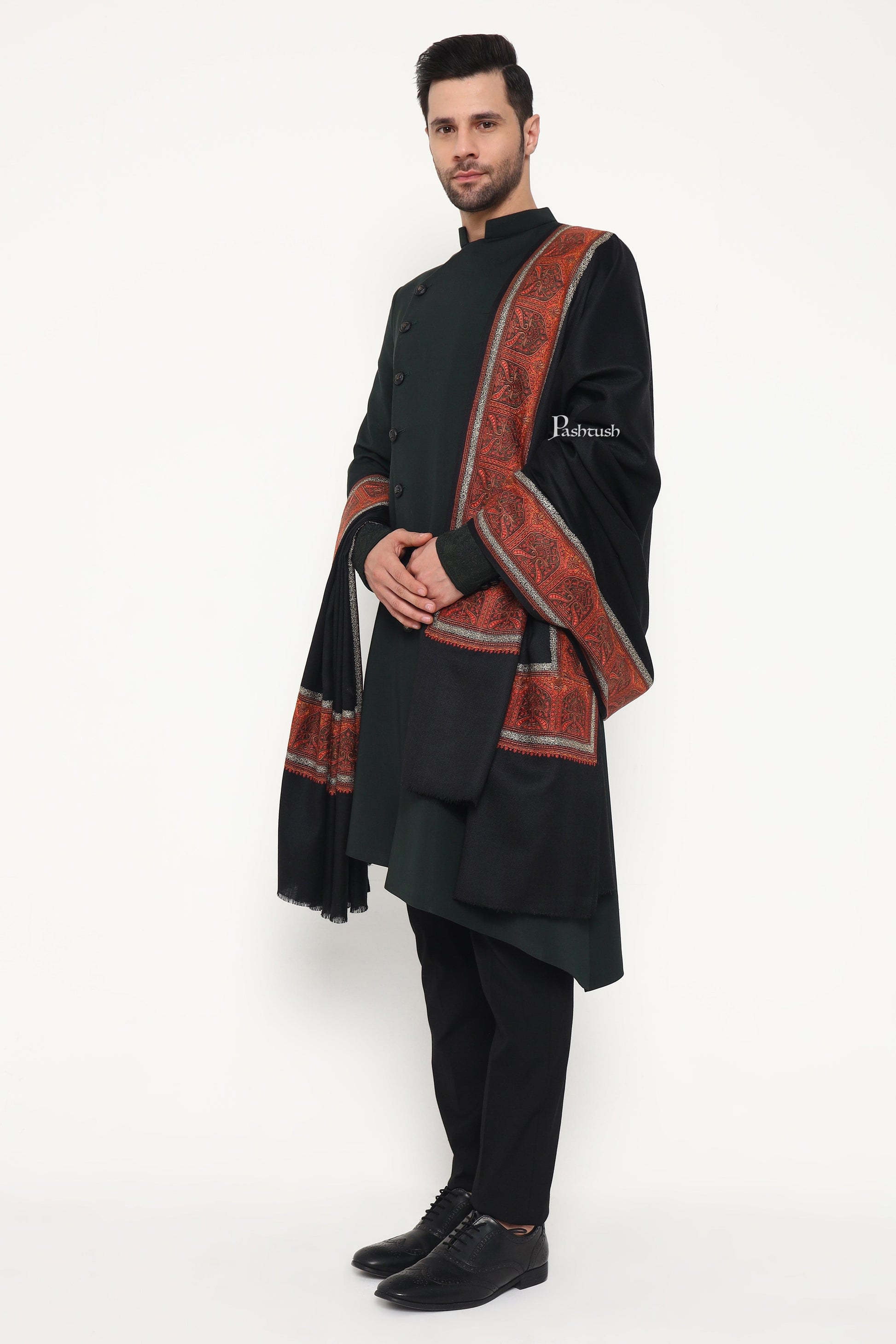Pashtush India Mens Shawls Gents Shawl Pashtush Mens Fine Wool Shawl, Metallic Border Design, Black