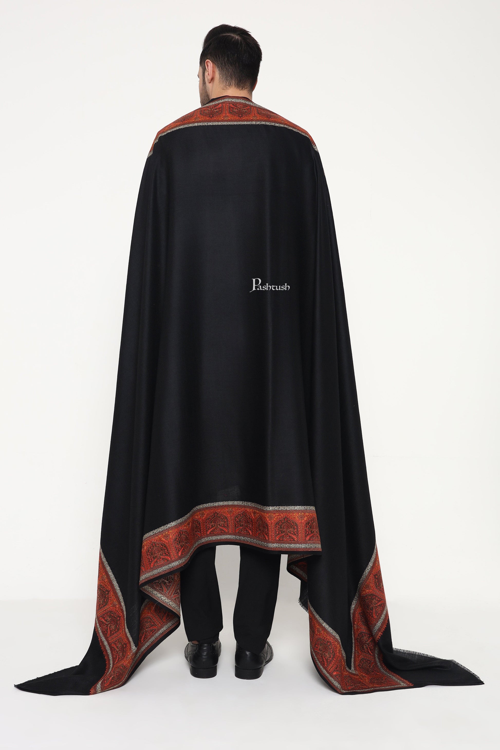 Pashtush India Mens Shawls Gents Shawl Pashtush Mens Fine Wool Shawl, Metallic Border Design, Black