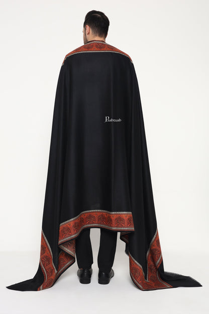 Pashtush India Mens Shawls Gents Shawl Pashtush Mens Fine Wool Shawl, Metallic Border Design, Black