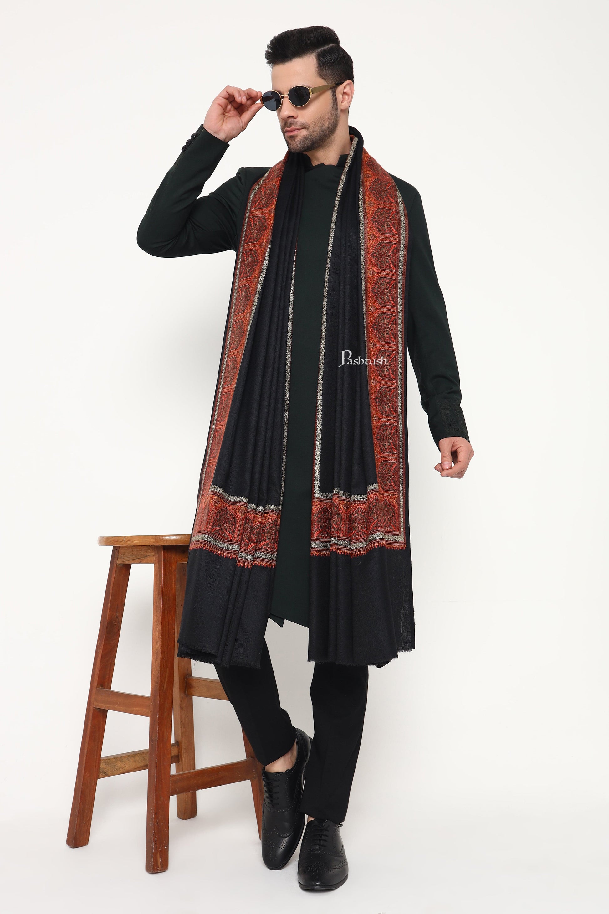 Pashtush India Mens Shawls Gents Shawl Pashtush Mens Fine Wool Shawl, Metallic Border Design, Black