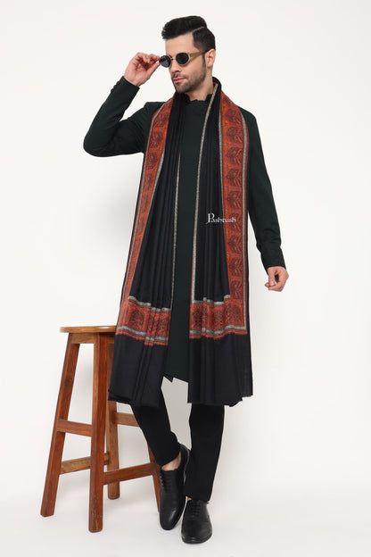 Pashtush India Mens Shawls Gents Shawl Pashtush Mens Fine Wool Shawl, Metallic Border Design, Black