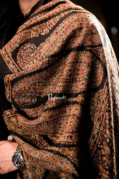 Pashtush India Mens Shawls Gents Shawl Pashtush Mens Fine Wool Shawl, Royal Collection, Palle-Dar Shawl, With Antique Jama Palla, Black, Full Size