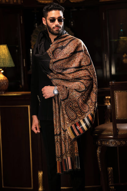 Pashtush India Mens Shawls Gents Shawl Pashtush Mens Fine Wool Shawl, Royal Collection, Palle-Dar Shawl, With Antique Jama Palla, Black, Full Size