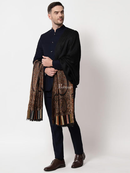 Pashtush India Mens Shawls Gents Shawl Pashtush Mens Fine Wool Shawl, Royal Collection, Palle-Dar Shawl, With Antique Jama Palla, Black, Full Size
