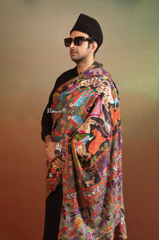 Pashtush India Mens Shawls Gents Shawl Pashtush Mens Fine Wool Shawl, Shikaar-Dar Hand Embroidered Design, Multicolour
