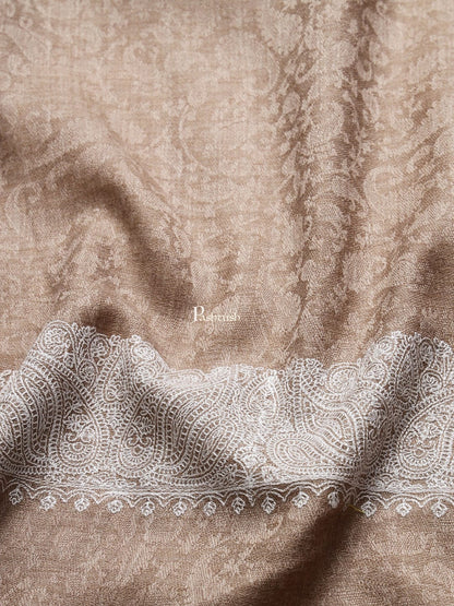 Pashtush India Mens Shawls Gents Shawl Pashtush mens Fine wool shawl, tone tone embroidery border design, Beige