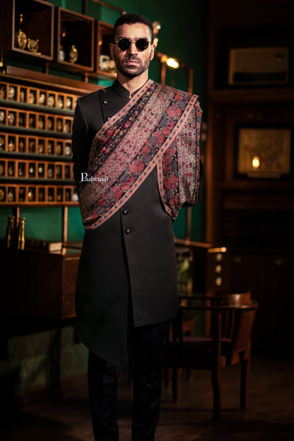 Pashtush India Mens Shawls Gents Shawl Pashtush Mens Fine Wool Shawl, With Metallic Weave Border Design, Black