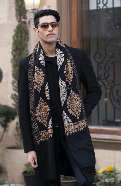 Pashtush India 70x200 Pashtush Mens Fine Wool, Silky Embroidery Needlework Stole, Black