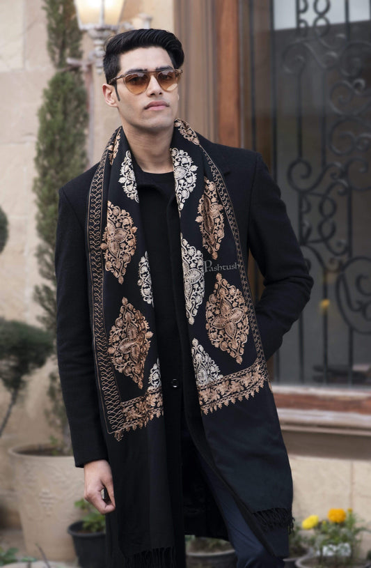 Pashtush India 70x200 Pashtush Mens Fine Wool, Silky Embroidery Needlework Stole, Black