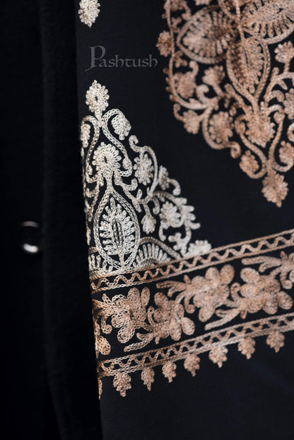 Pashtush India 70x200 Pashtush Mens Fine Wool, Silky Embroidery Needlework Stole, Black