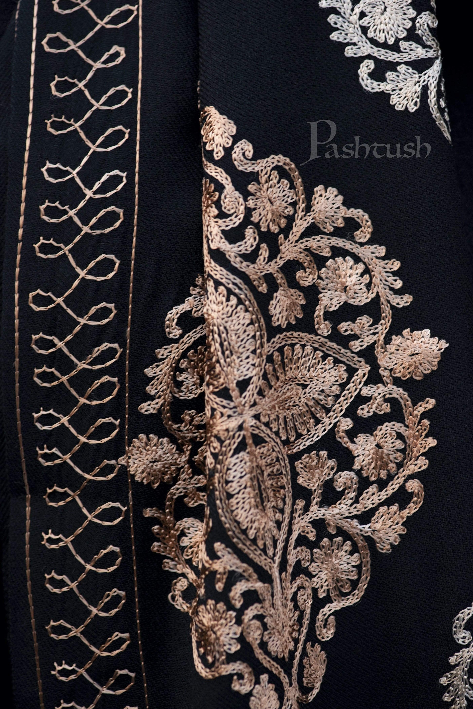Pashtush India 70x200 Pashtush Mens Fine Wool, Silky Embroidery Needlework Stole, Black