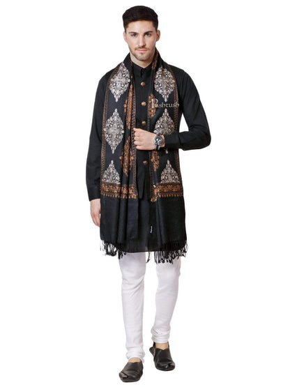 Pashtush India 70x200 Pashtush Mens Fine Wool, Silky Embroidery Needlework Stole, Black