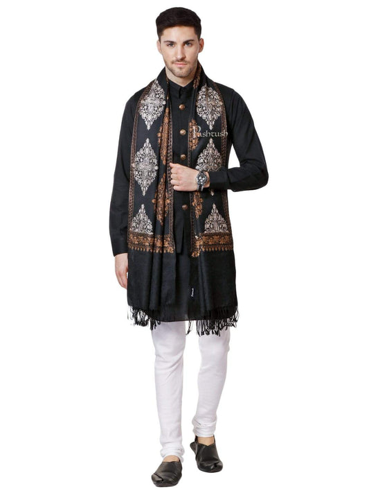 Pashtush India 70x200 Pashtush Mens Fine Wool, Silky Embroidery Needlework Stole, Black