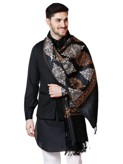 Pashtush India 70x200 Pashtush Mens Fine Wool, Silky Embroidery Needlework Stole, Black