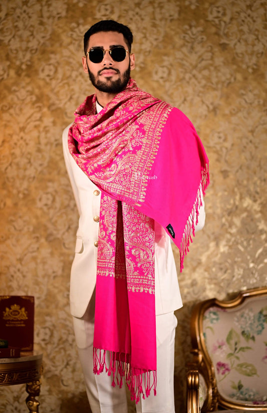 Pashtush India 70x200 Pashtush Mens Fine Wool, Silky Nalki Embroidery Needlework Stole, Hot Pink