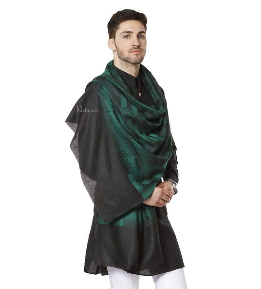 Pashtush India 70x200 Pashtush Mens Fine Wool Stole, Ikkat Design, Azure Green