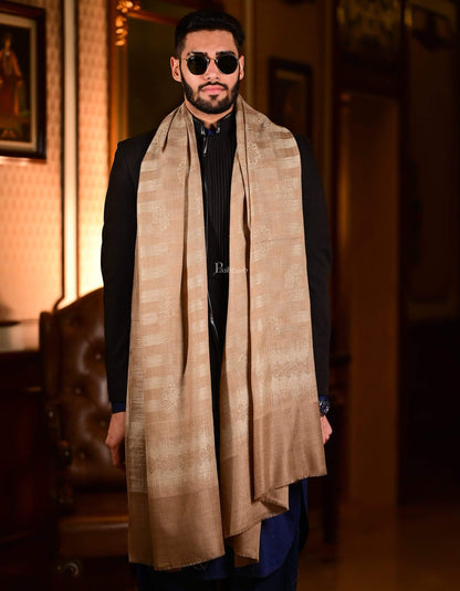 Pashtush India 70x200 Pashtush Mens Fine Wool Stole, Ikkat Design, Beige
