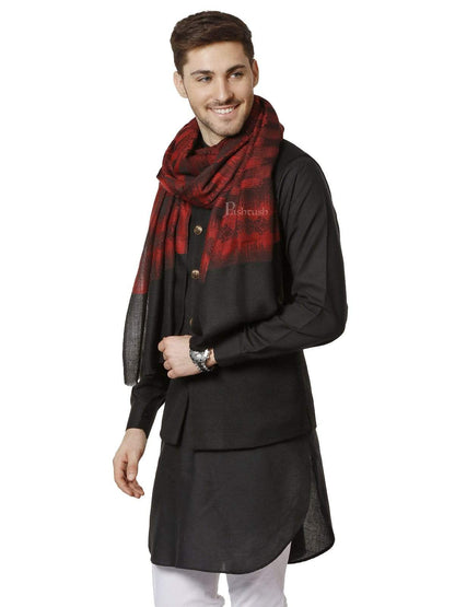 Pashtush India 70x200 Pashtush Mens Fine Wool Stole, Ikkat Design, Maroon and Black