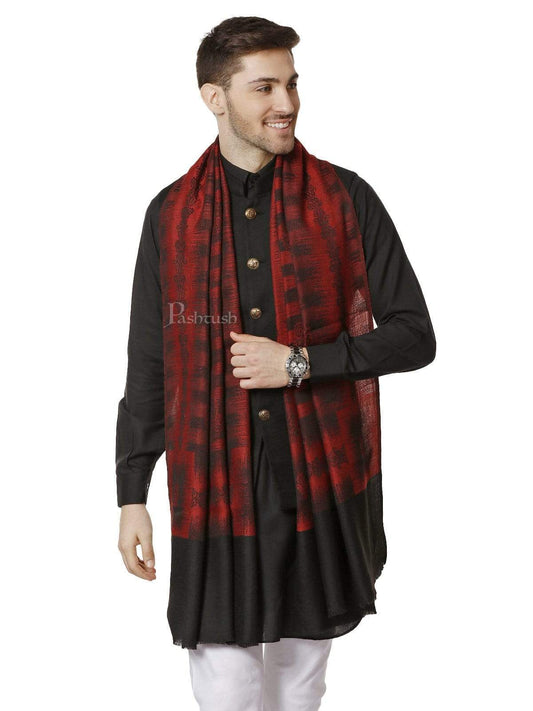 Pashtush India 70x200 Pashtush Mens Fine Wool Stole, Ikkat Design, Maroon and Black