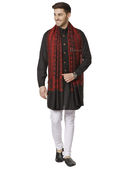 Pashtush India 70x200 Pashtush Mens Fine Wool Stole, Ikkat Design, Maroon and Black