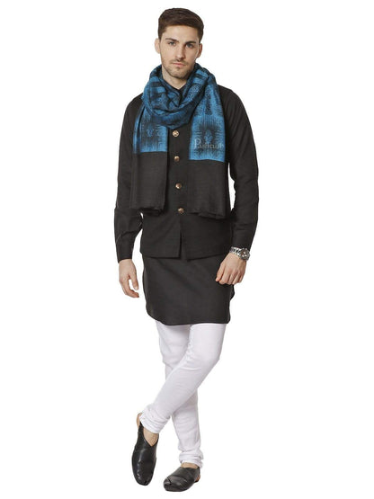 Pashtush India 70x200 Pashtush Mens Fine Wool Stole, Ikkat Design, Pacific Blue