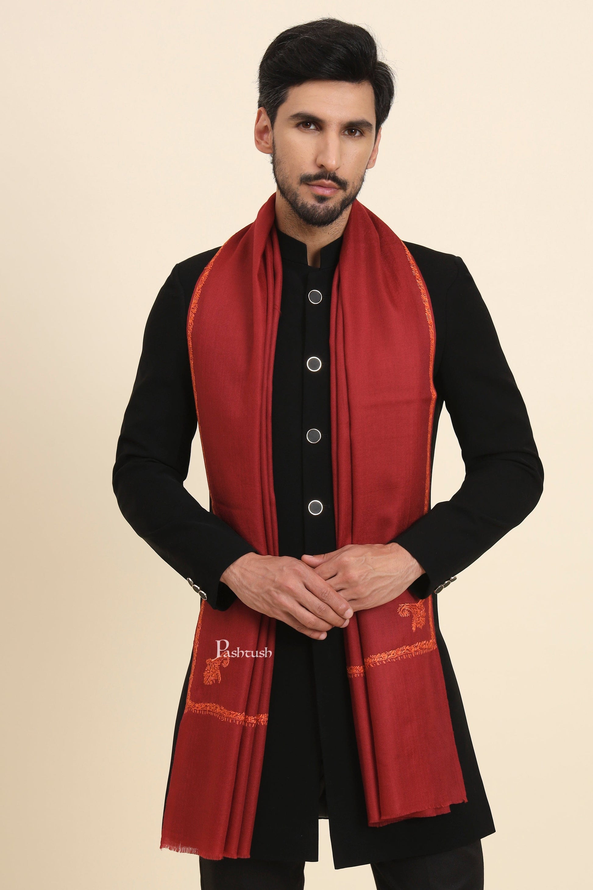 Pashtush India Mens Scarves Stoles and Mufflers Pashtush Mens Fine Wool Stole, Kingri Design, Maroon