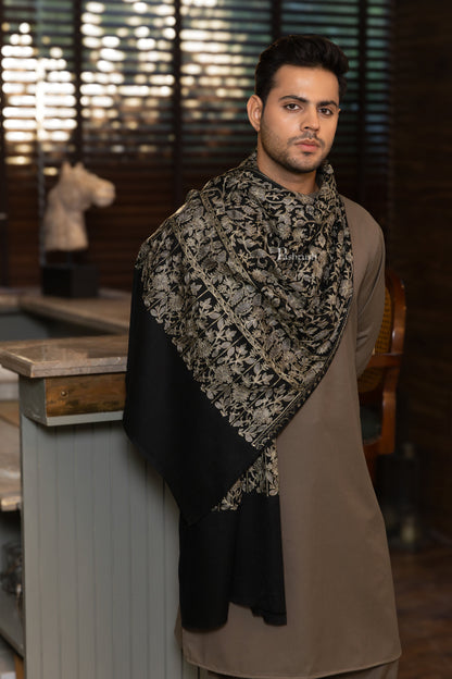 Pashtush India Mens Scarves Stoles and Mufflers Pashtush Mens Fine Wool Stole, Nalki Embroidery Design, Black