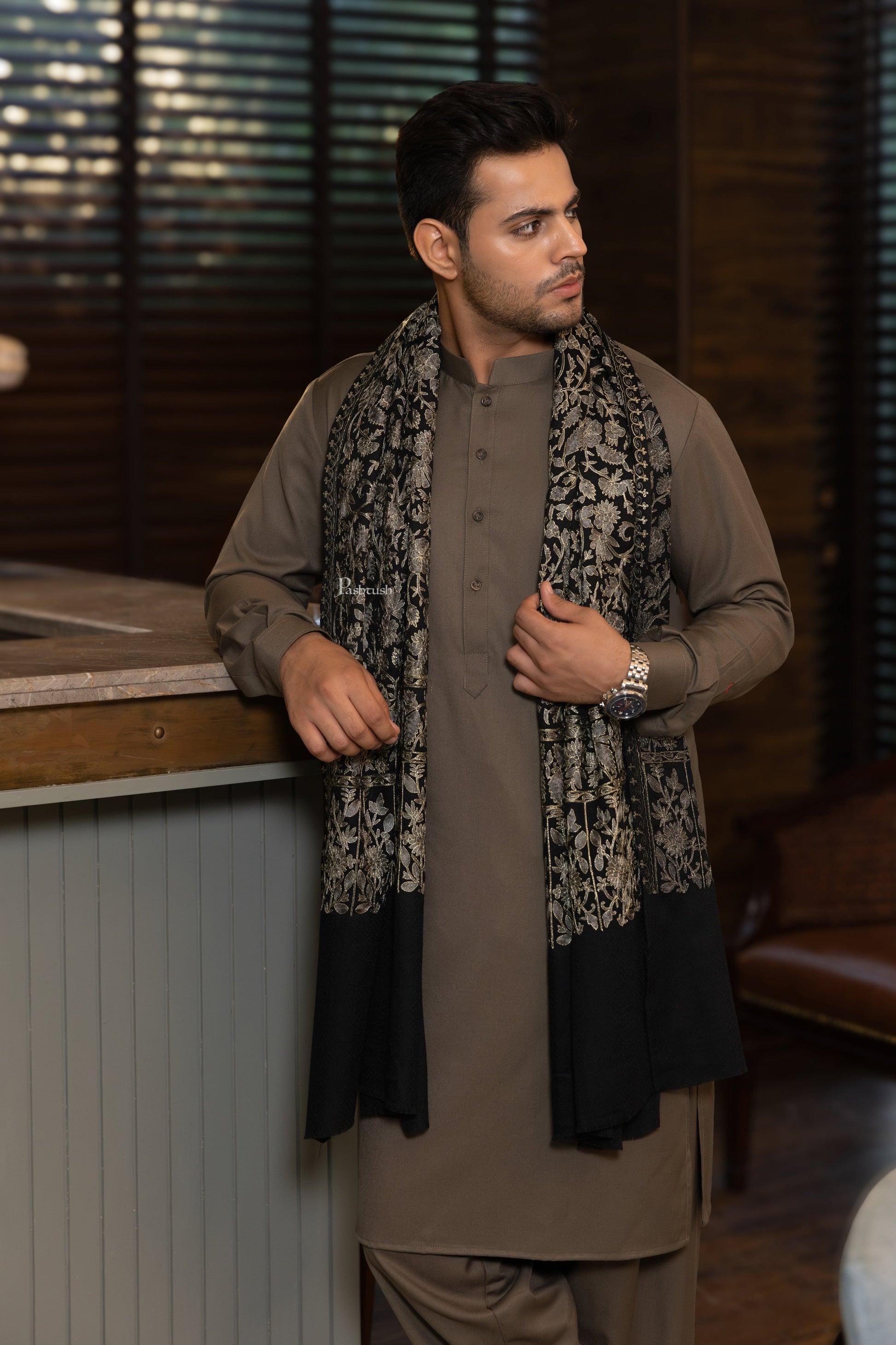 Pashtush India Mens Scarves Stoles and Mufflers Pashtush Mens Fine Wool Stole, Nalki Embroidery Design, Black