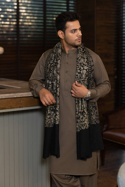 Pashtush India Mens Scarves Stoles and Mufflers Pashtush Mens Fine Wool Stole, Nalki Embroidery Design, Black