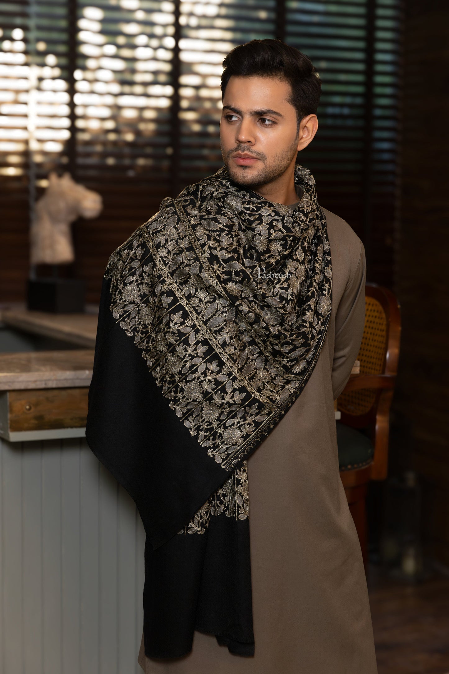 Pashtush India Mens Scarves Stoles and Mufflers Pashtush Mens Fine Wool Stole, Nalki Embroidery Design, Black