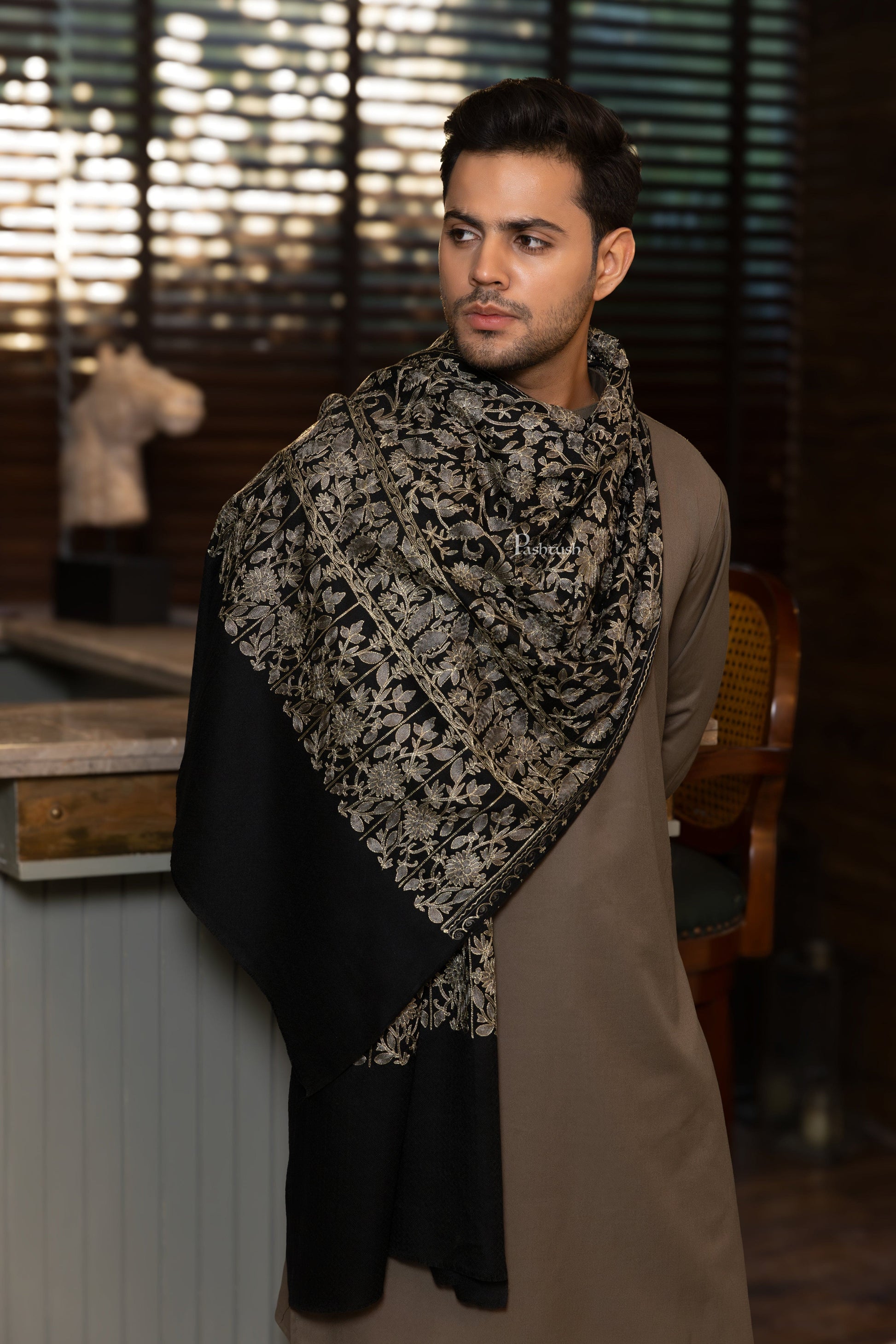 Pashtush India Mens Scarves Stoles and Mufflers Pashtush Mens Fine Wool Stole, Nalki Embroidery Design, Black