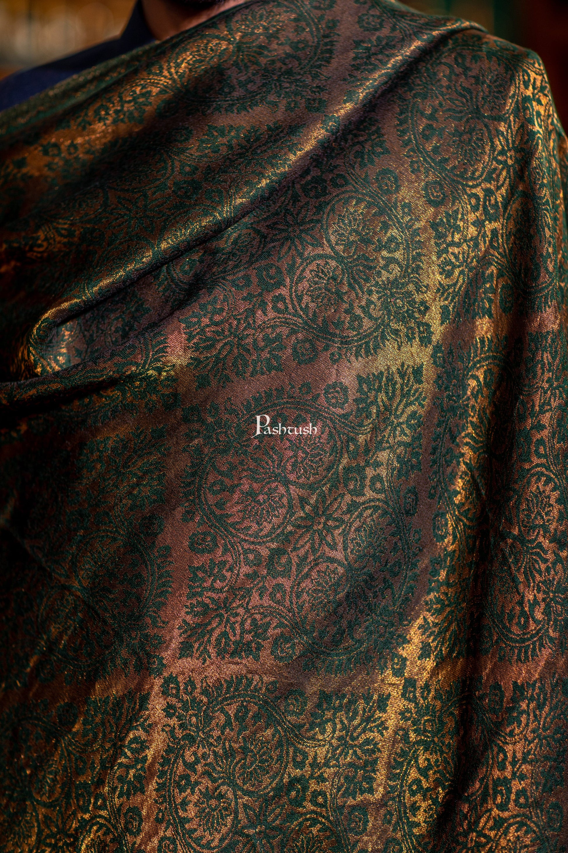 Pashtush India Mens Shawls Gents Shawl Pashtush Mens Fine Wool Stole, Twilight Collection with Metallic Weave, Emerald Green