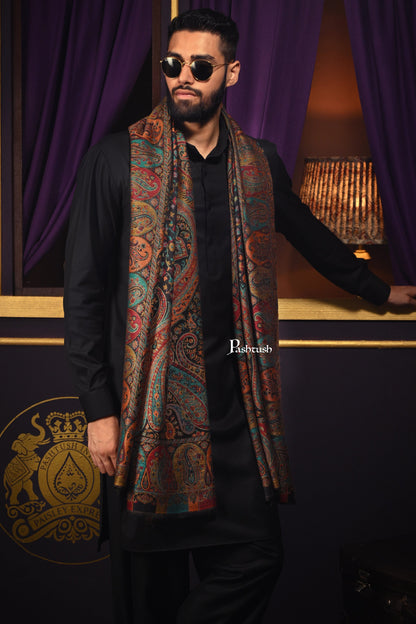 Pashtush India Mens Scarves Stoles and Mufflers Pashtush Mens Fine Wool Stole, Woven Design, Rich Paisleys, Black
