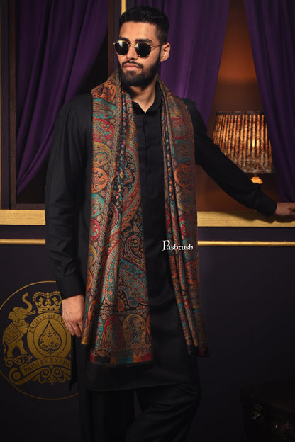 Pashtush India Mens Scarves Stoles and Mufflers Pashtush Mens Fine Wool Stole, Woven Design, Rich Paisleys, Black